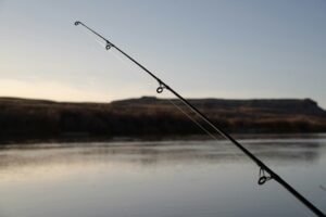 Fishing rod held over lake. Photo by Alex Moliski